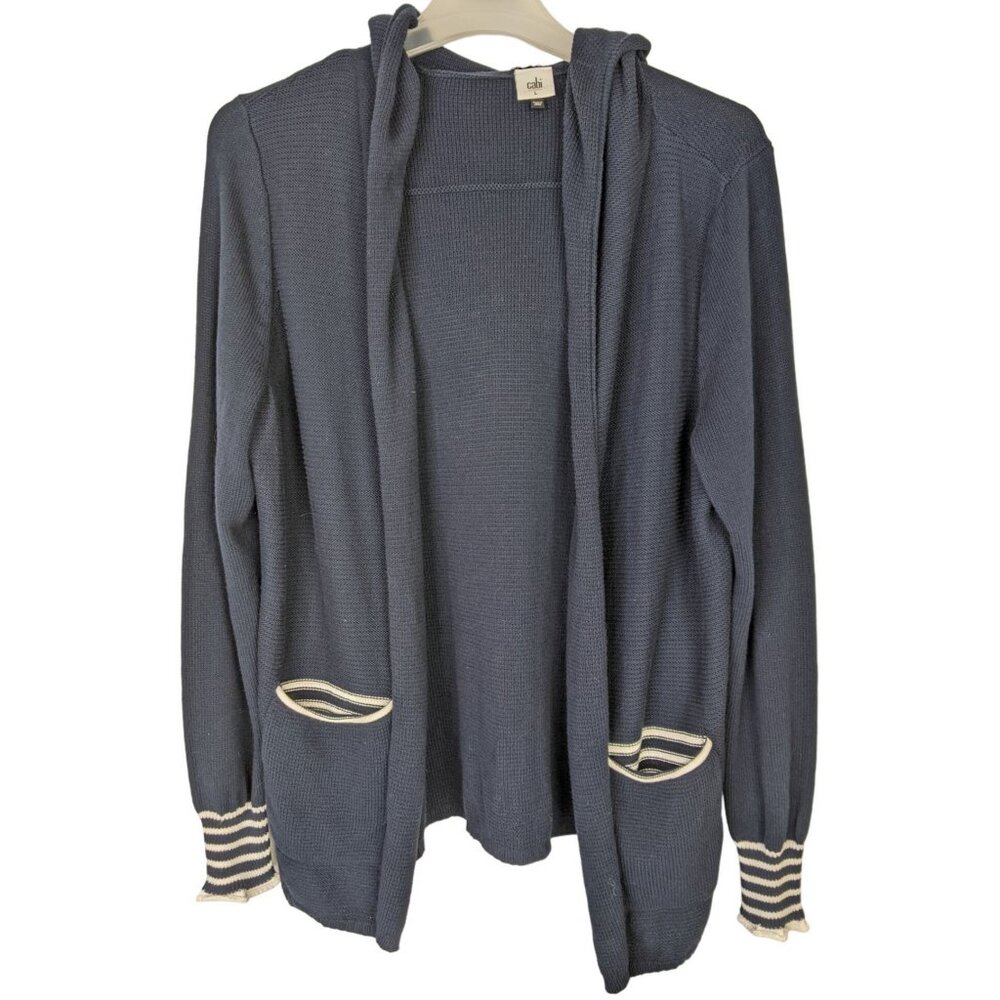 Cabi Womens Large LG El Captain Hooded Knit Cardigan Sweater Pockets Navy Blue